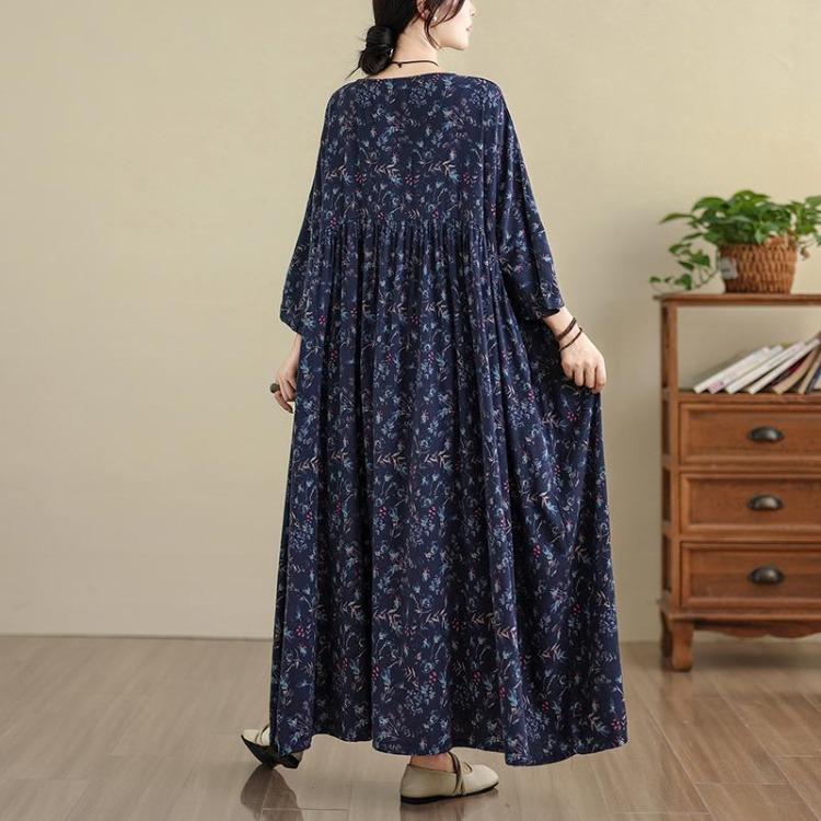 Spring Floral Print Vintage Maxi Dress Long Sleeve Loose Oversize Casual Basic Long Dress for Women Plus Size