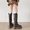Brown slim British thick heel platform long knight boots women's shoes 2025 new retro heightening v-port stacking boots