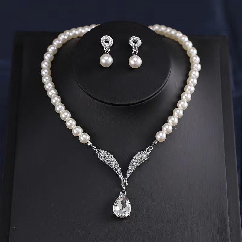 Korean Chic Pearl Necklace & Earrings Set - Women's Fashion Alloy Plated Accessories