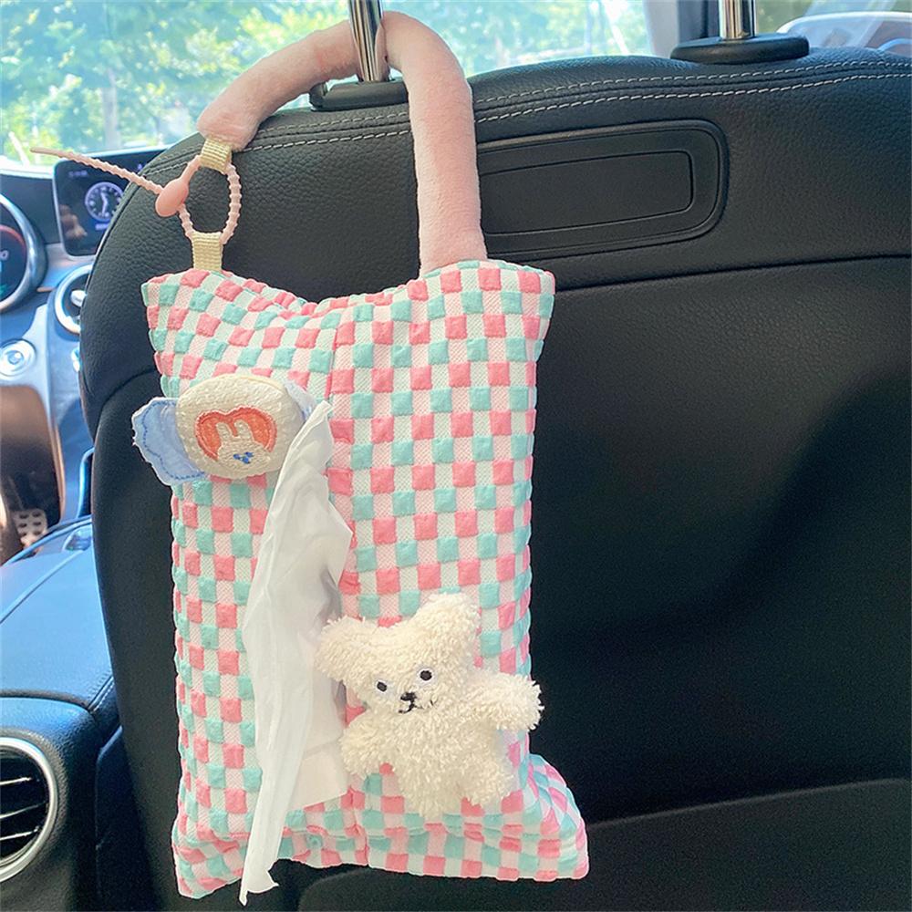 Pink Plaid Fabric Tissue Box Portable Hanging Tissue Case Living Room Container Home Car Towel Napkin Holder Home Decoration