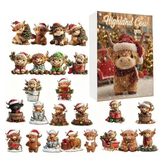 

Календарь адвента Yousheng с горным шотландским быком 2025 24 дня Рождественский календарь обратного отсчета с украшениями в виде горного шотландского быка для рождественской елки, домашнего декора