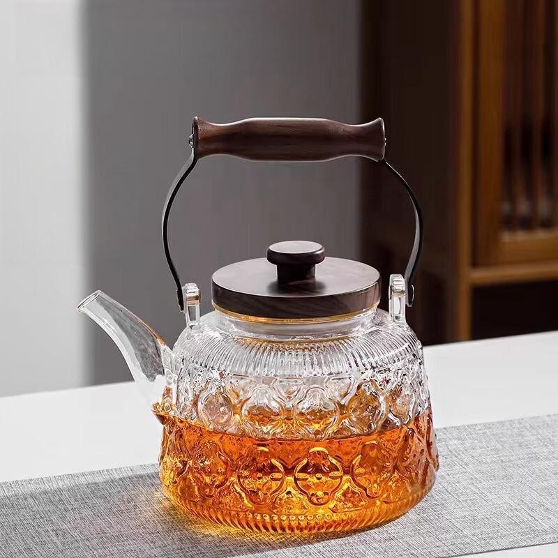 Hanyou 1000ml Transparent Begonia Teapot with Walnut Beam Handle