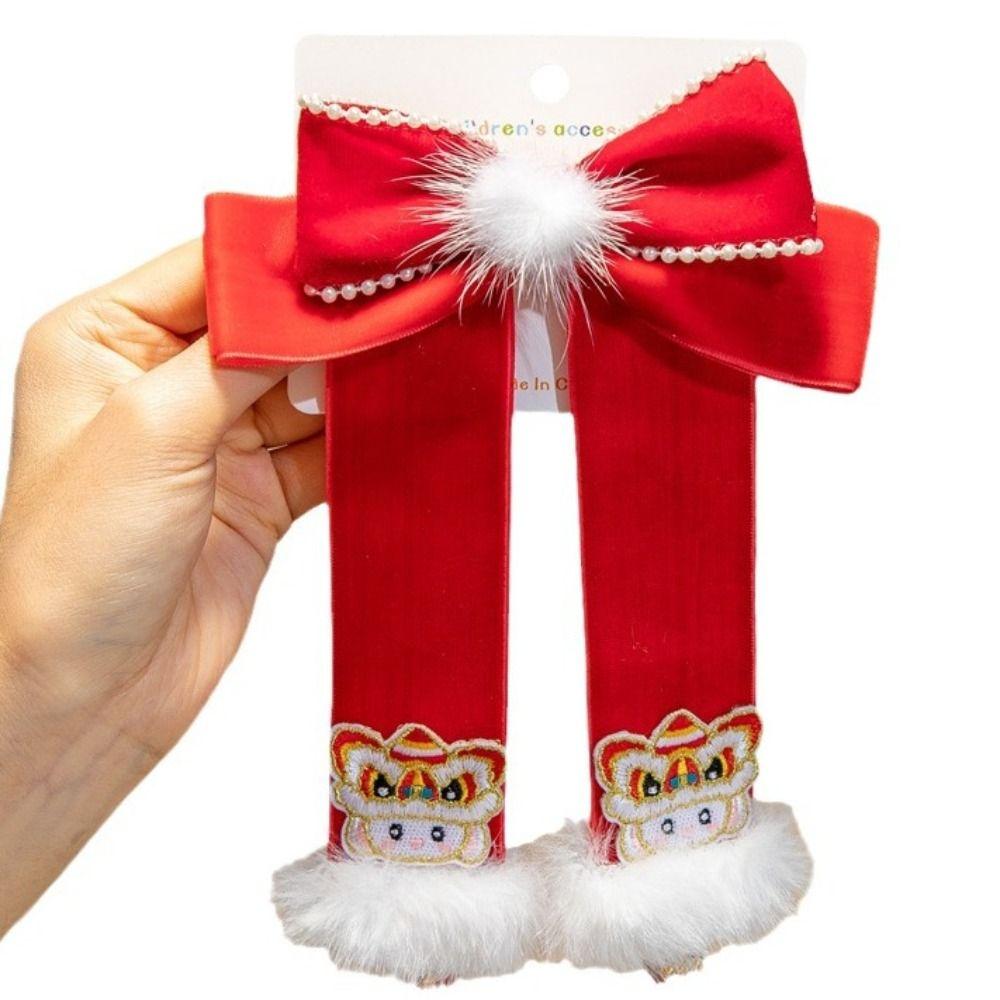 Tassel Red Bow Hair Clip Lion Embroidered Bow Headwear Children's Chinese Hairpin Decoration