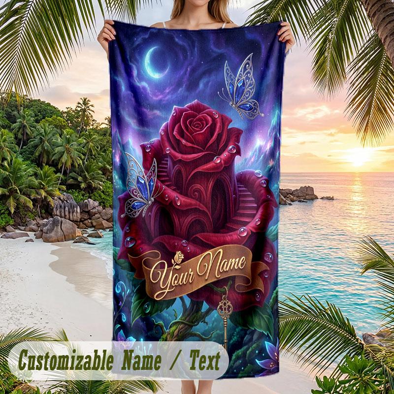 Roses Butterflies Garden Theme Quick Dry Beach Towel Custom Name Text Print Large Sand Resistant Towel Beach Vacation