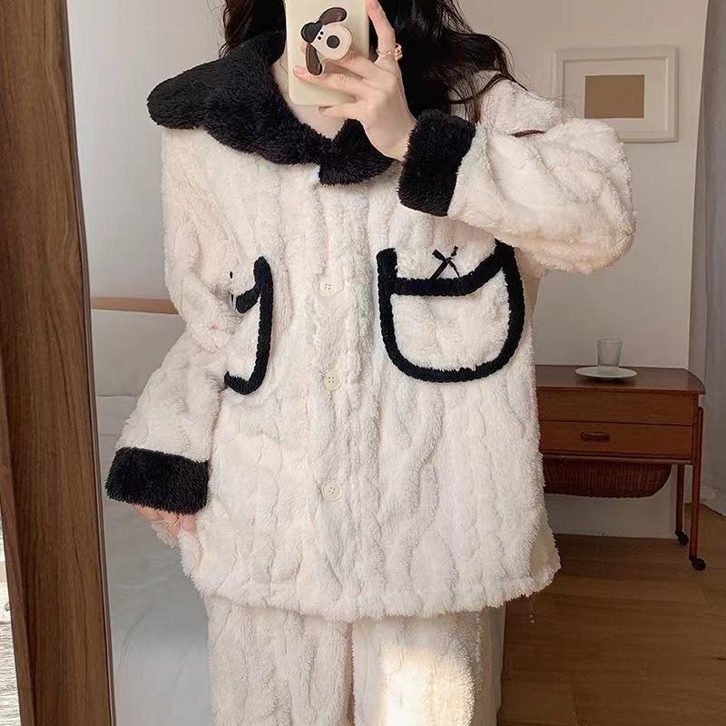 Pyjama aus Korallenvlies im französischen Stil für Damen, Herbst und Winter, Cardigan, langärmelig, Flanell, zweiteilig