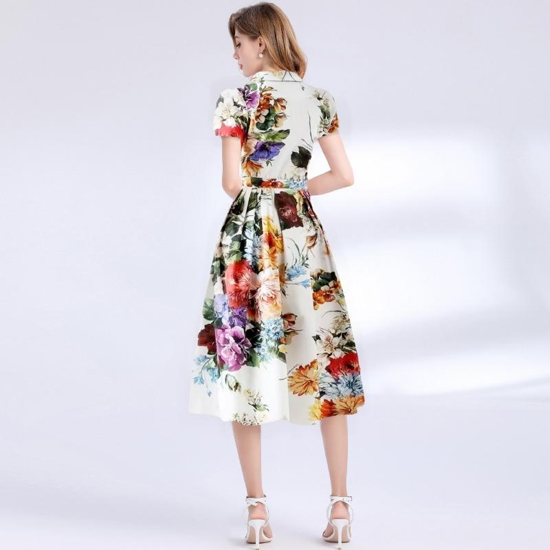 Summer Vintage Print Floral Women Short Sleeve Blazer Collar Long Maxi Party Dresses