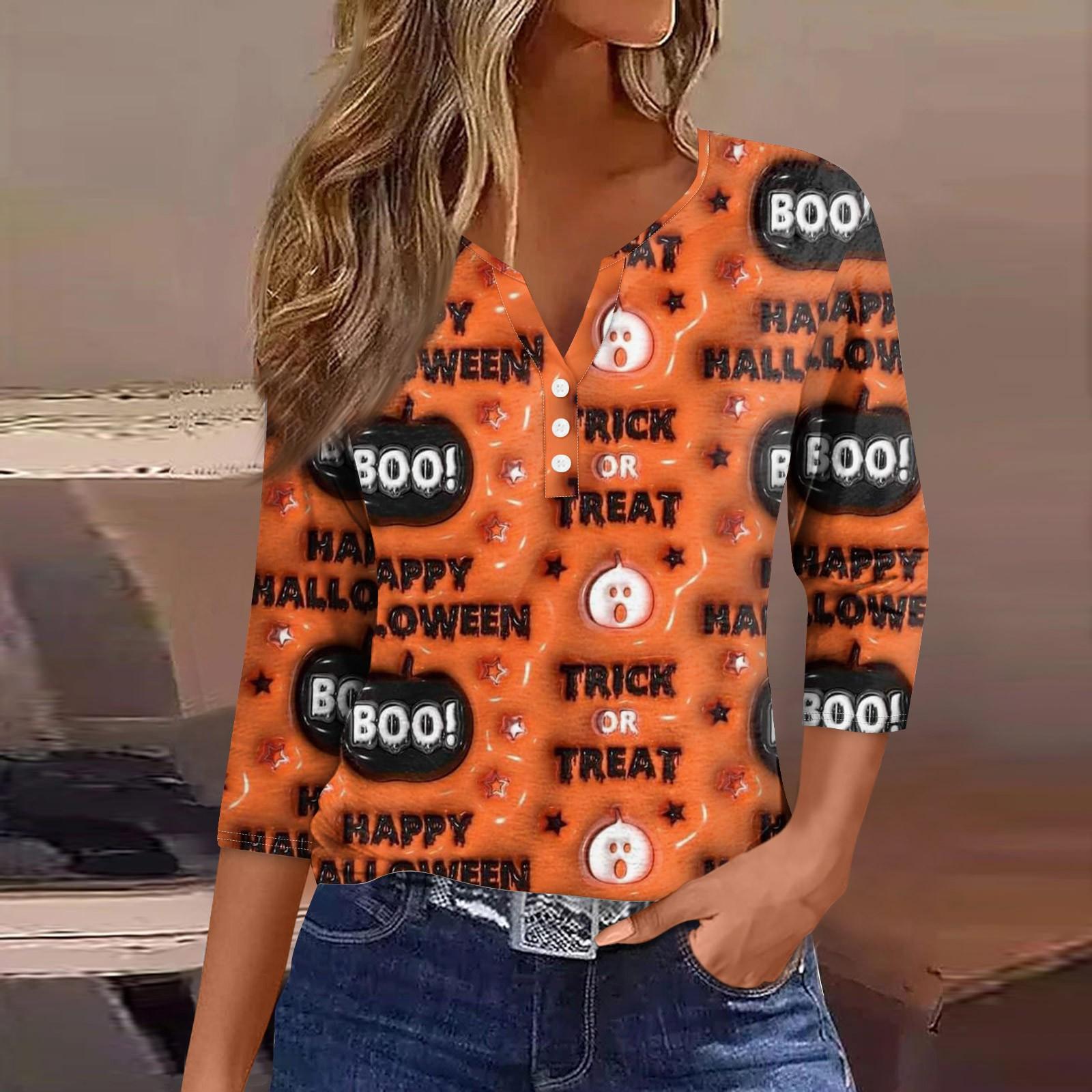 

Women s V-Neck Button Halloween Three-quarter Sleeve T-Shirt Top S шафрановий