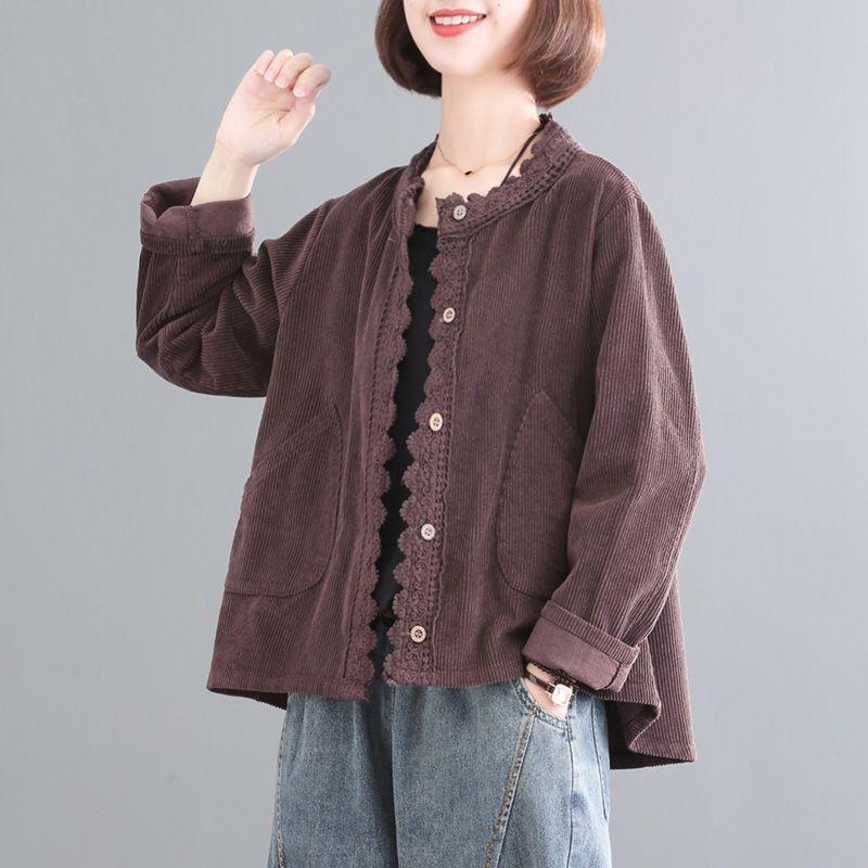 

Autumn Loose Large Size Solid Color Round Neck Retro Corduroy Lace Fashion Casual Short Jacket Women Autumn 3XL кавовий
