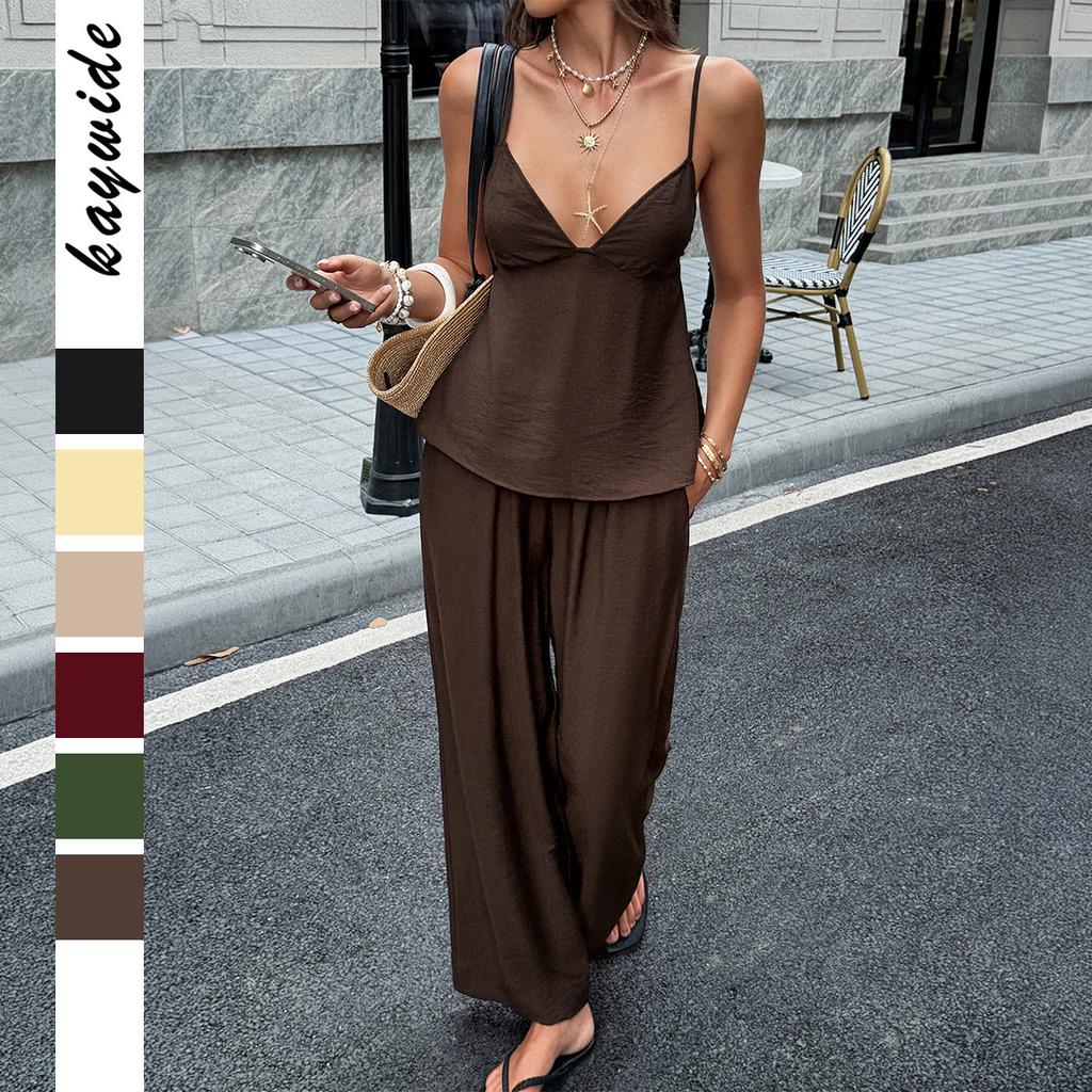 European And American Resort Style Hottie Suspender T-shirt Pants Suit Women's Clothing