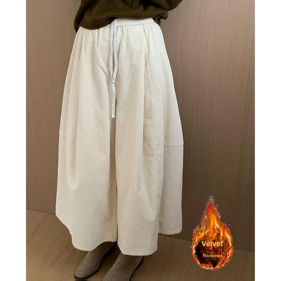 Autumn Winter Korean Style Fleece-Lined Warm Loose Fit Slimming Casual Pants for Women Wide Leg Corduroy