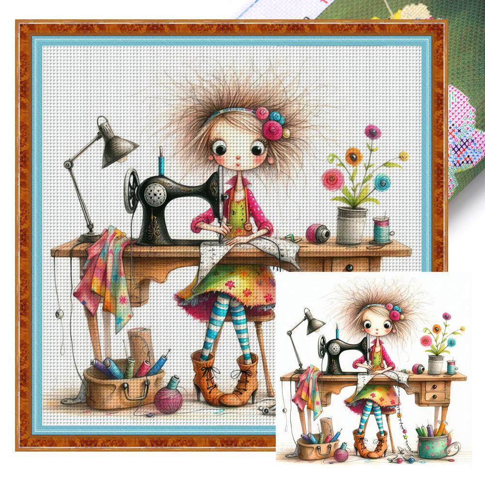 Full Embroidery Eco-cotton Thread 11CT Printed Line Girl Cat Cross Stitch Kit Artwork 40x40cm/ 45x45cm Home Docor for Friend