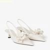 Fashion White/pink Flower Pointed Toe Sandals Slingback Back Strap Fashion Summer Kitten Heel Sandals Wedding Banquet Casual Sandals