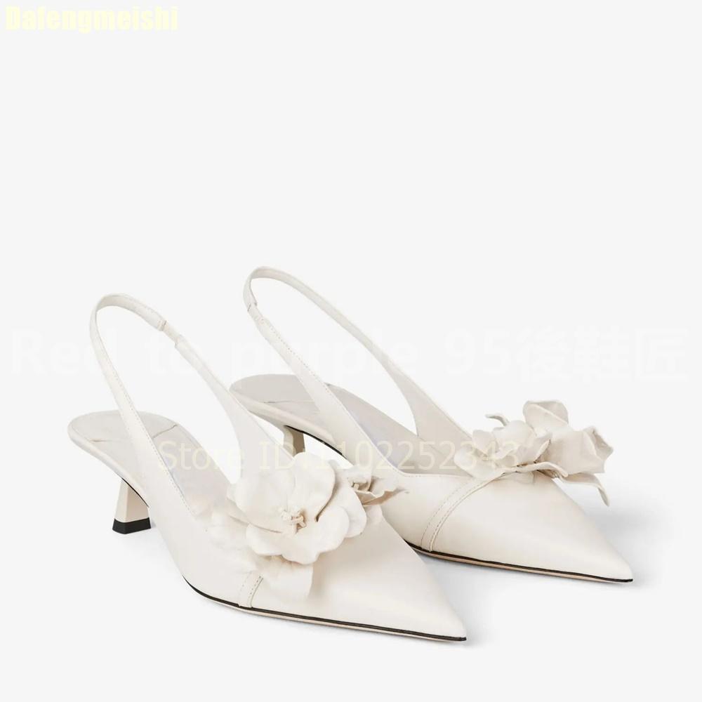 Fashion White/pink Flower Pointed Toe Sandals Slingback Back Strap Fashion Summer Kitten Heel Sandals Wedding Banquet Casual Sandals