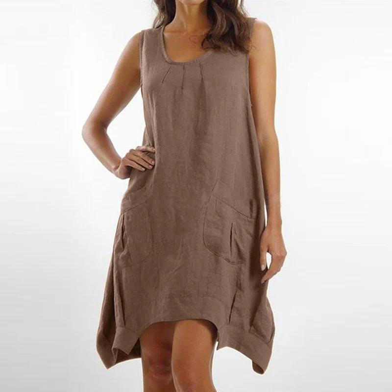 IHUASU Fashion Summer Spring Solid Color Print Sleeveless O-Neck Casual Dresses