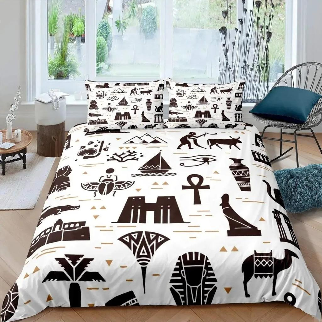 3D Ancient Egypt Tribe Duvet Cover Set,Pharaoh Bedding Sets,Egyptian Pyramids Exotic Style Comforter Cover Set Full Queen Size