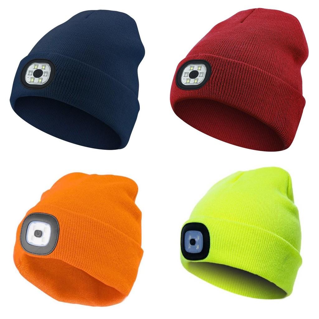 Black Led Knitted Beanie For Outdoor Night Running With Rechargeable Light Feature