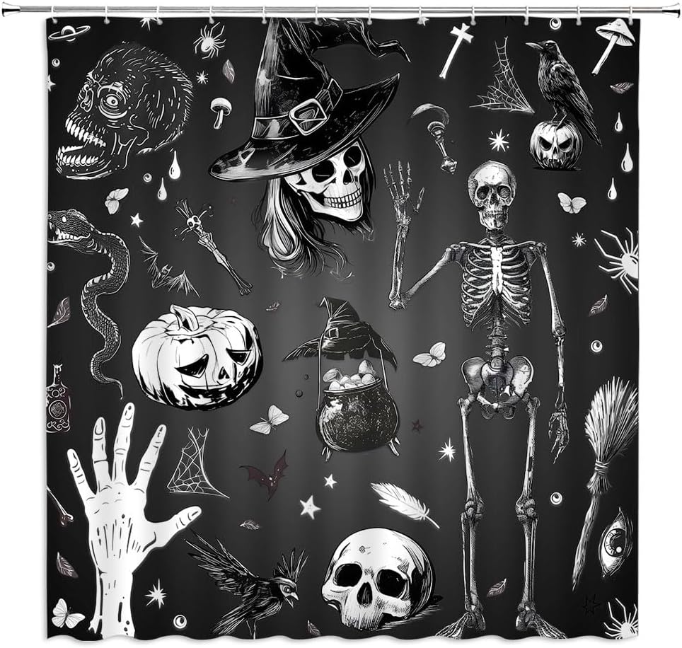 Happy Halloween Shower Curtain Gothic Skull Spooky Pumpkin Witchy Magic Witch Creepy Horror Skeleton Witchcraft Scary Cute