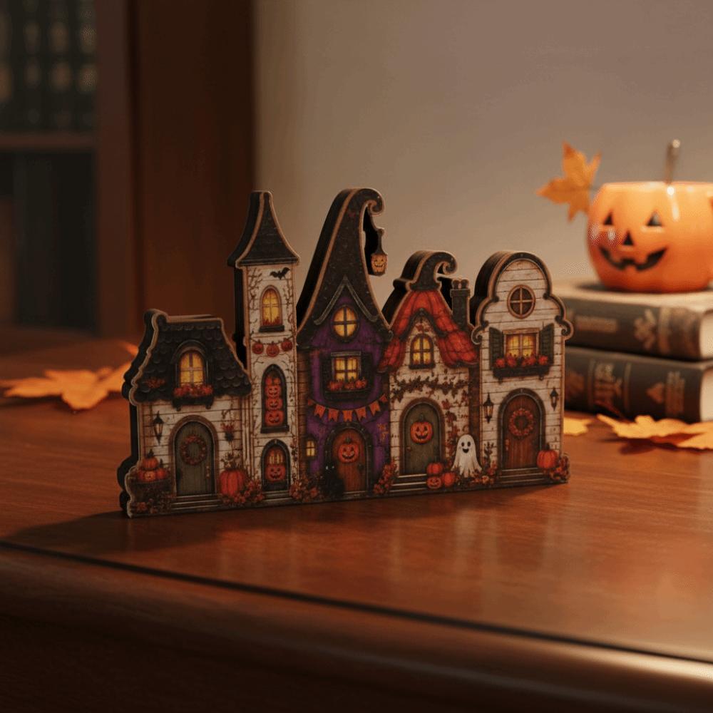 Multi-layer Halloween Village Decor Wooden Rustic Autumn Ornament Coffee Bar Table