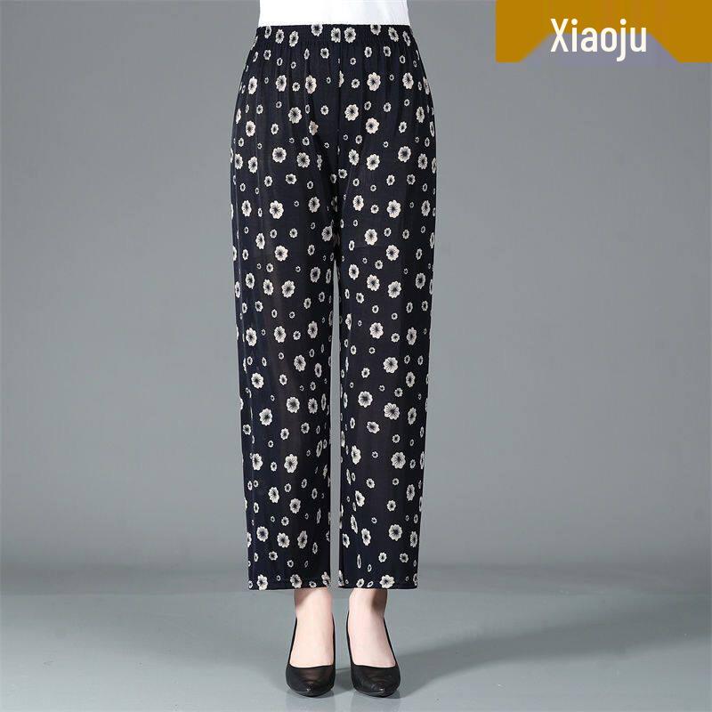 Ice Silk Floral Wide-Leg Pants for Middle-Aged and Elderly Women - Large, Loose, Casual, Straight-Leg Design
