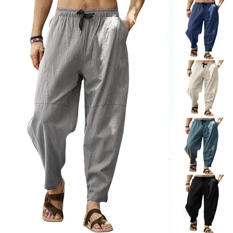 Hip Hop Mens Loose Cotton Linen Drawstring Casual Pants For Urban Style