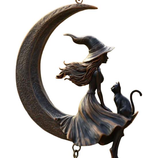Witch Black Cat Moon Wind Chime Halloween Hanging Metal Wind Bell Ornament with Moon And Cat for Outside Patio Lawn Yard Pathway Garden Porch Decor