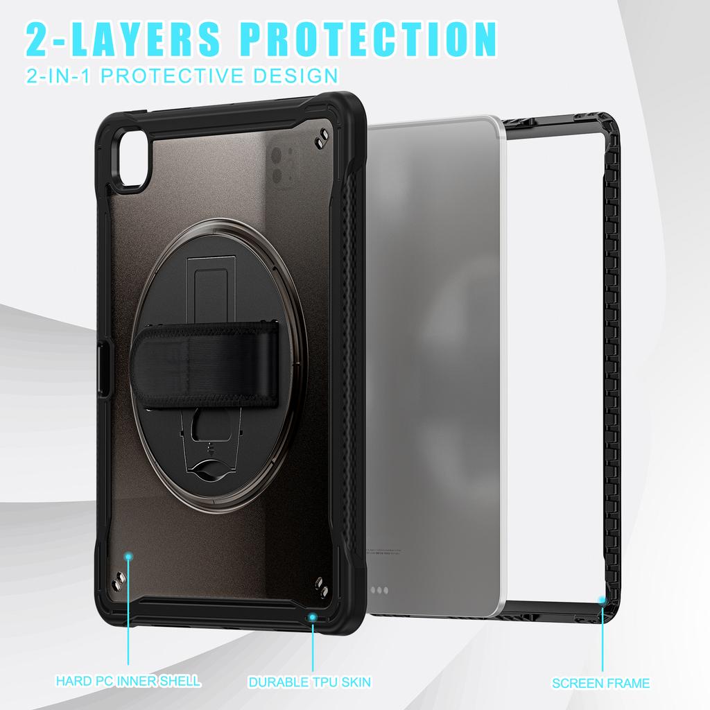 For iPad Pro 13 (2024) Case Kickstand PC+TPU+Silicone Tablet Cover with Rotary Hand Strap