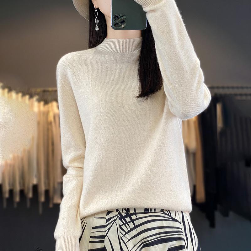 Women's Pure Wool Half-High Neck Sweater - Loose Fit Knitwear for Autumn and Winter