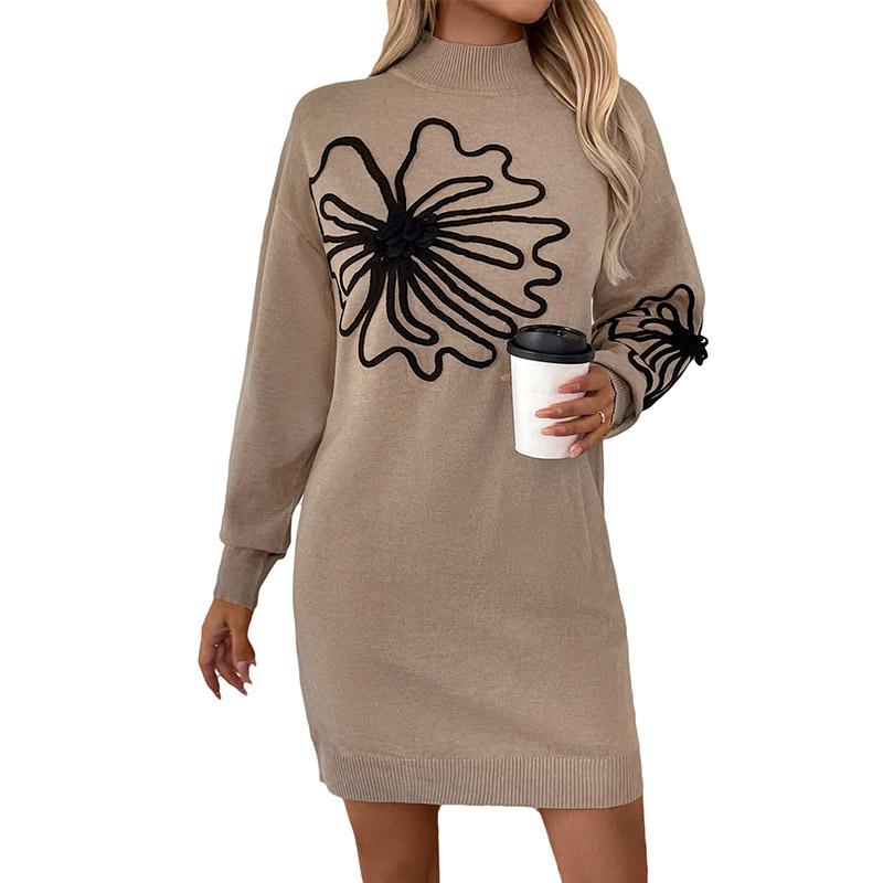 Women's Autumn Solid Color Flower Printed Knitted Sweater Dress Casual Temperament Half Turtleneck Knit Skirt