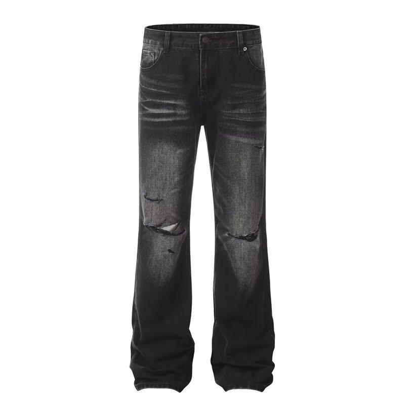Pantaloni din denim de stradă pentru bărbați, retro distressed, pantaloni largi cu picioare drepte, pantaloni sport cu picioare largi, la modă