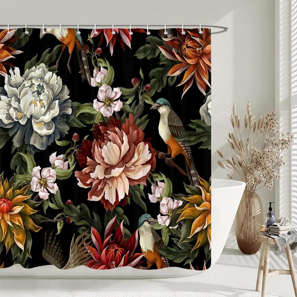 Black Gold Boho Botanical Floral Shower Curtain Vintage Floral Rose Aesthetic Unique Chic Polyester Bath Curtains Bathroom Decor