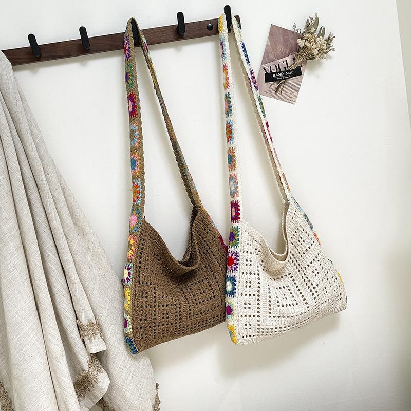 Large Capacity Fashi Boho Tote Bag Trendy Floral Crochet Handmade Knitted Bag Vintage Multicolor Hollow Out Handbag