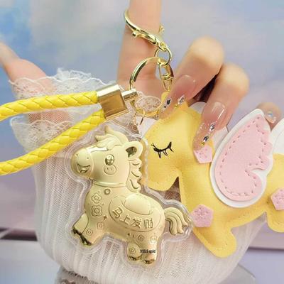 Golden Little Horse with Pure Gold Keychain and Leather Pendant Charm Gift
