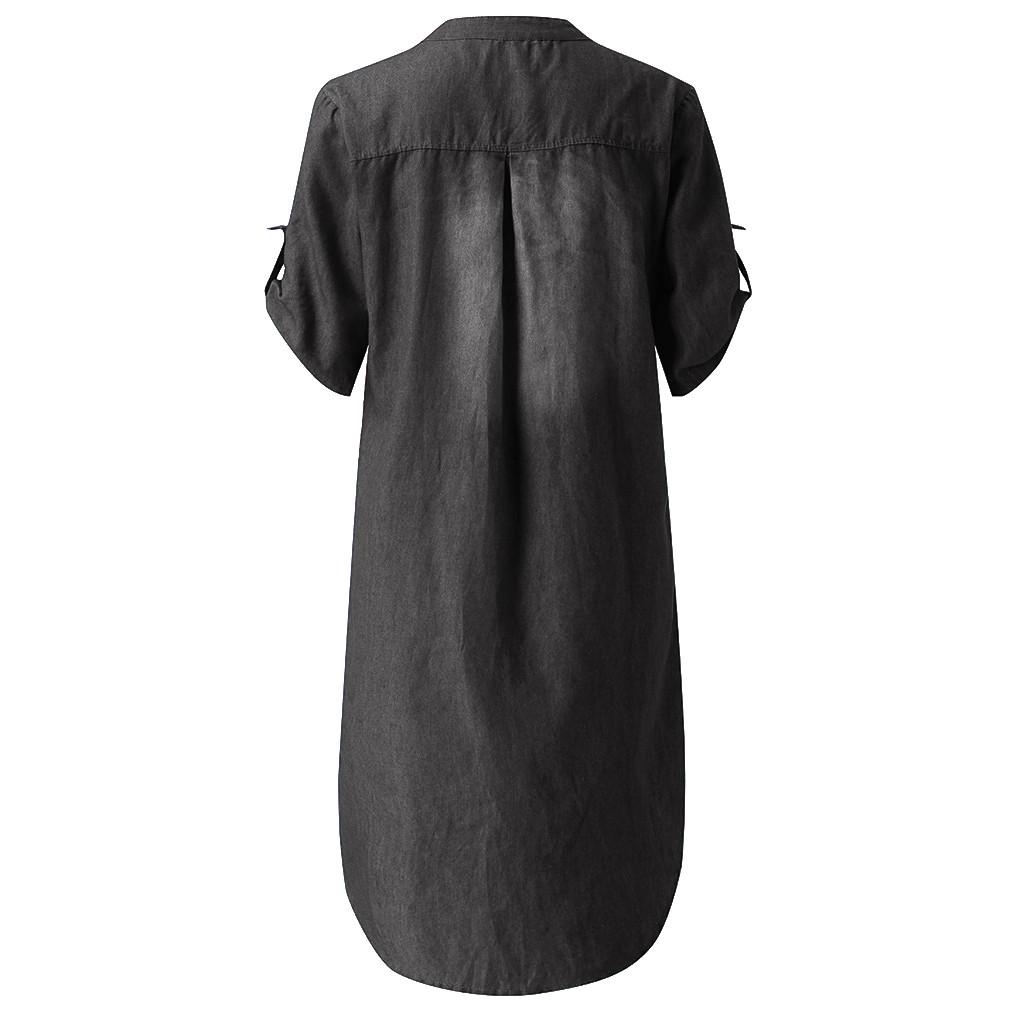 Women's Summer Casual V Neck Denim Long Party Dresses Short Sleeve Swing Dress