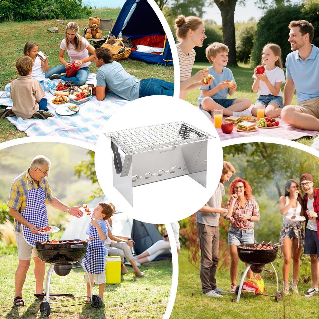 Foldable Portable Charcoal Grill Stainless Steel Fire Pit For Camping Backyard Bonfire Patio BBQ Cooking Picnic Beach Backpack