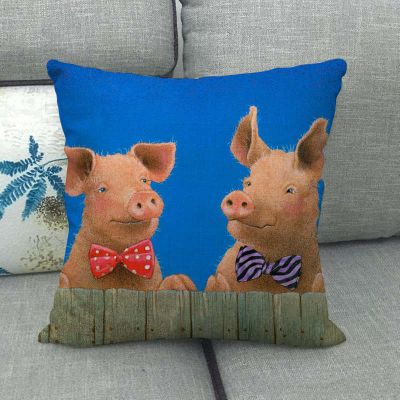 Retro Bemalte Schweine-Serie Muster Digitaldruck Kurzer Plüsch Kissenbezüge für Auto Sofa Büro Kissenbezug Heimtextilien