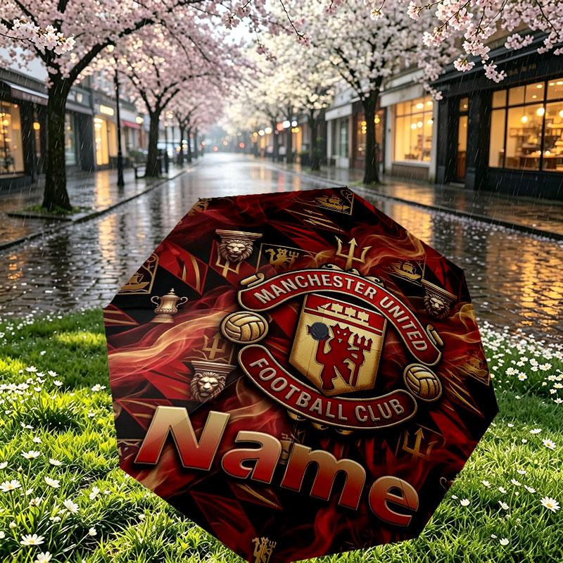 Custom Name Personalized Manchester United Print Umbrella, Auto Open Close, 8‑Rib Sturdy Frame, Commute Camping Hiking Use, Birthday Gift