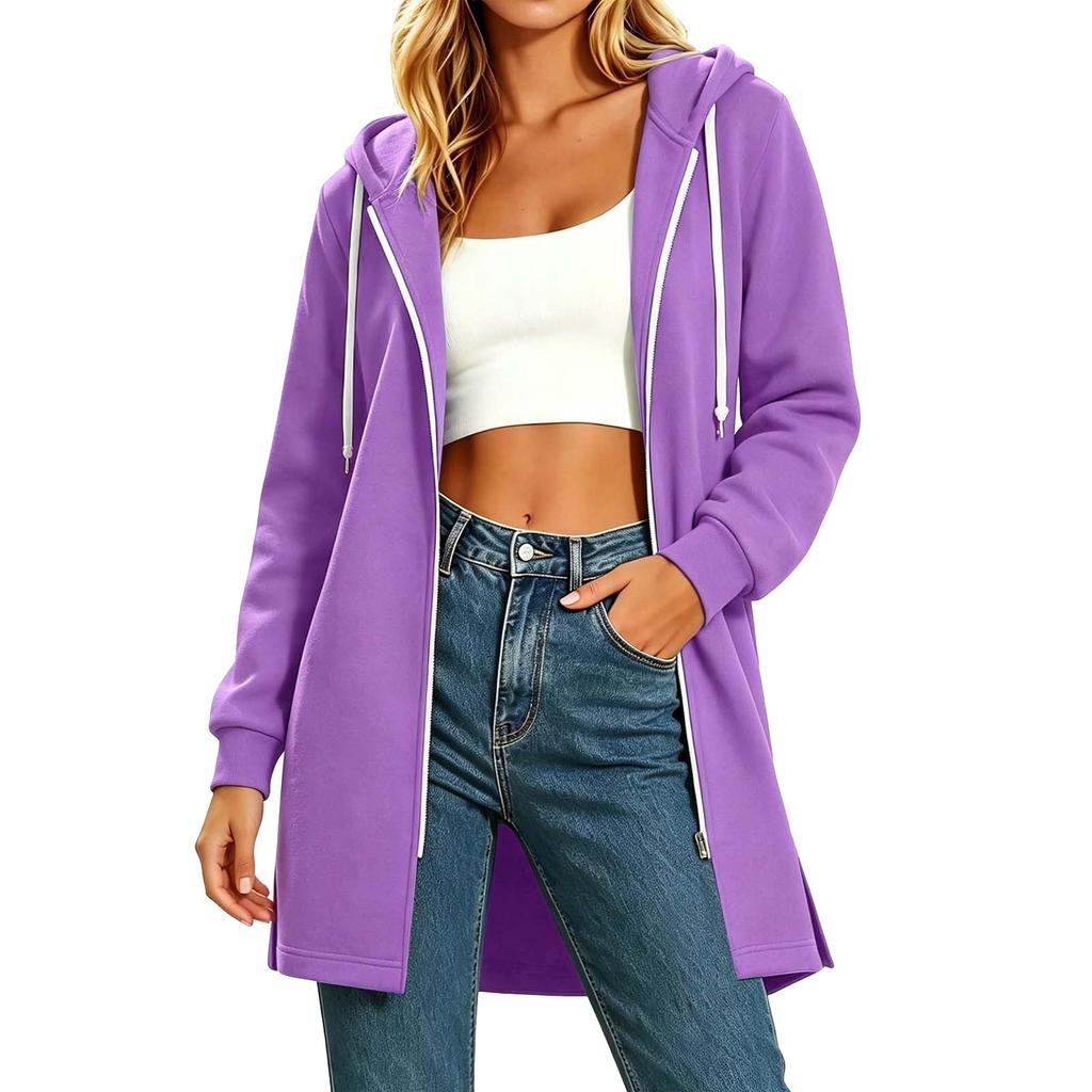 Cardigan da donna casual alla moda con cappuccio, chiusura lampo, manica lunga, vestibilità ampia con spacchi laterali