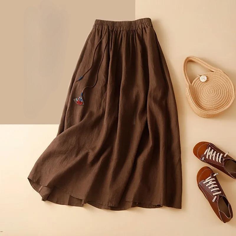 

Women Casual Long Skirt Arrival Spring Vintage Style Solid Color Elastic Waist Loose Female Cotton A-line Skirts 2XL кавовий