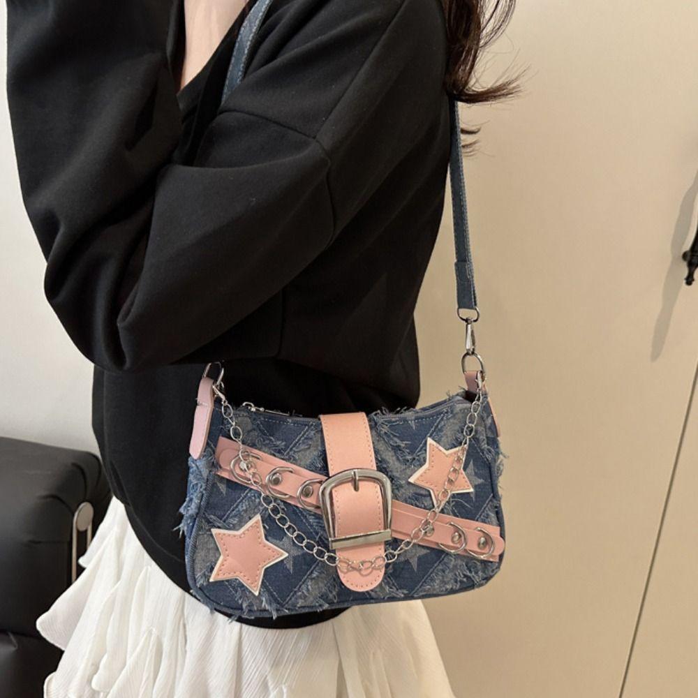 

Retro Belt Tattered Jeans Underarm Bag Korean Style Y2K Denim Tote Bag Streetwear Style A