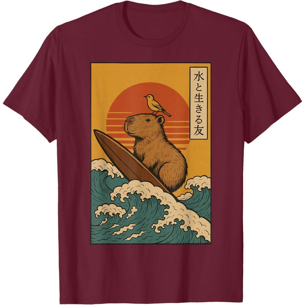 Capybara Surfing Japanese Ukiyo Style Graphic Cotton T-Shirt Casual Unisex's Tee