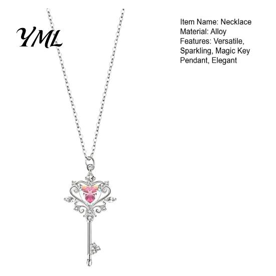 Minimalist Key Shaped Necklace Magic Pendant Necklace, Pink Cubic Zirconia Heart Cute Jewelry Rhinestone Sweet Fairy for Women Girls Delicate