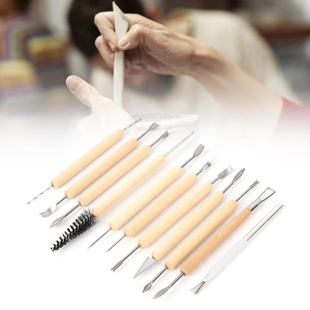 

11 шт. Инструмент для лепки из глины с деревянной ручкой из нержавеющей стали, резные принадлежности для моделирования, 11 шт. Глина