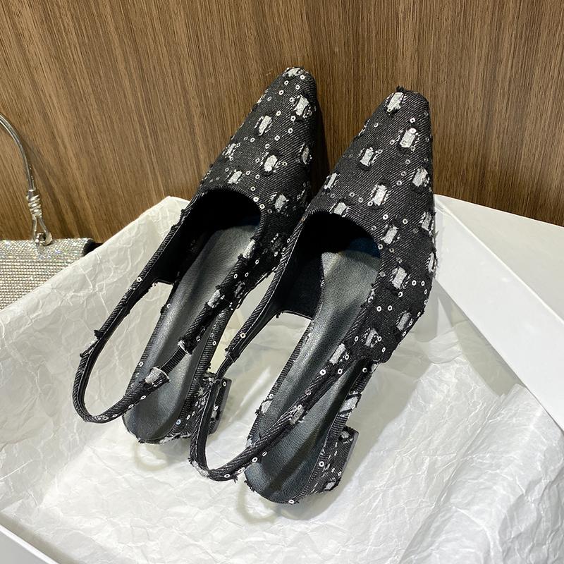 Fashion Spring New Baotou Sandals for Women Fashion Pointe Shallow Mouth Sequin Cloth Slip-on Anti-slip and Wear-resistant Heel Shoes