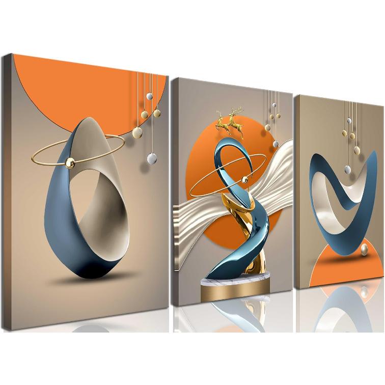 3 Pcs Bright Style Canvas Wall Art Modern Abstract Golden Deer Luxury Foil Lines Posters Prints White Blue Orange Color Grey Painting Pictures for