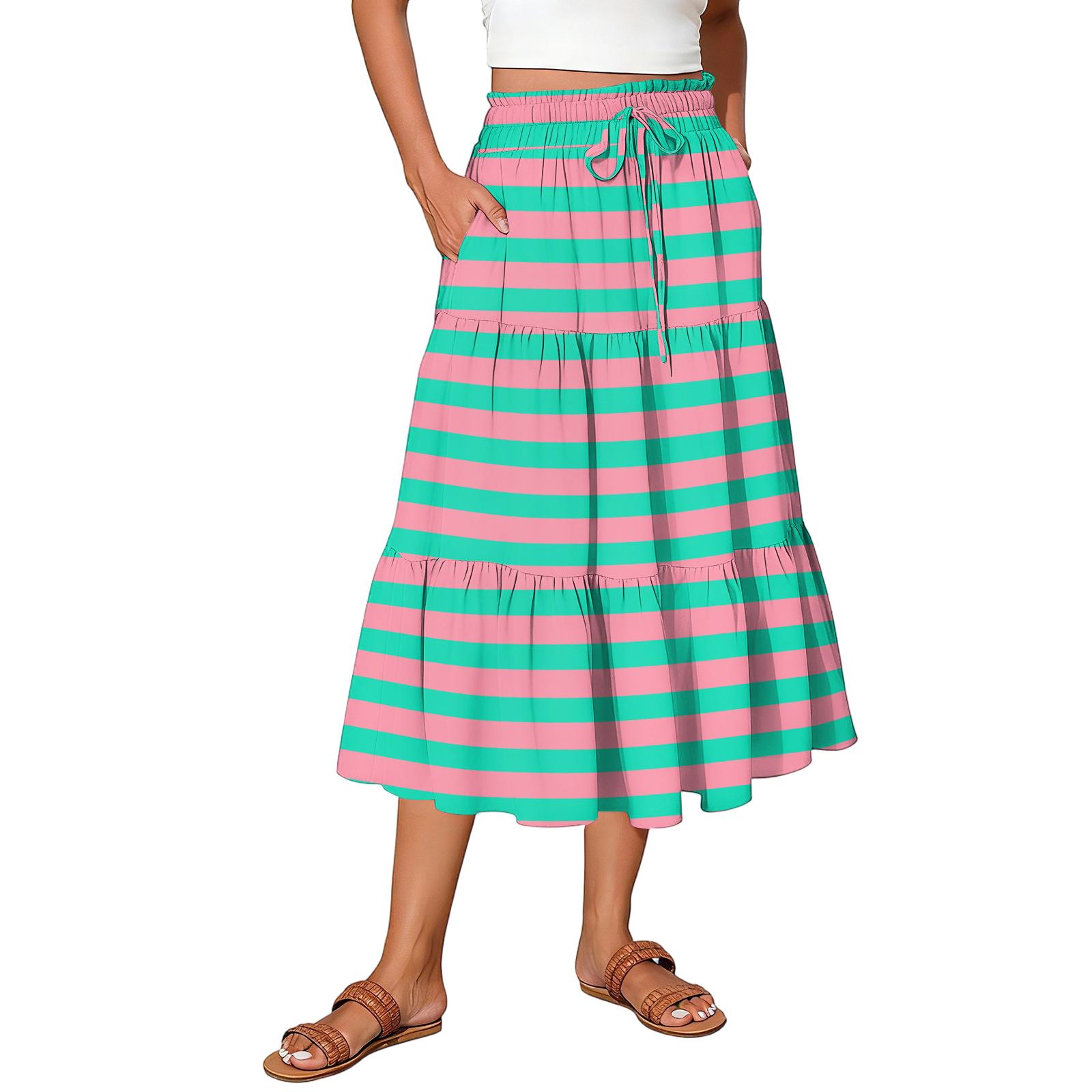 

Ladies striped printed casual elastic waist drawstring skirt XL