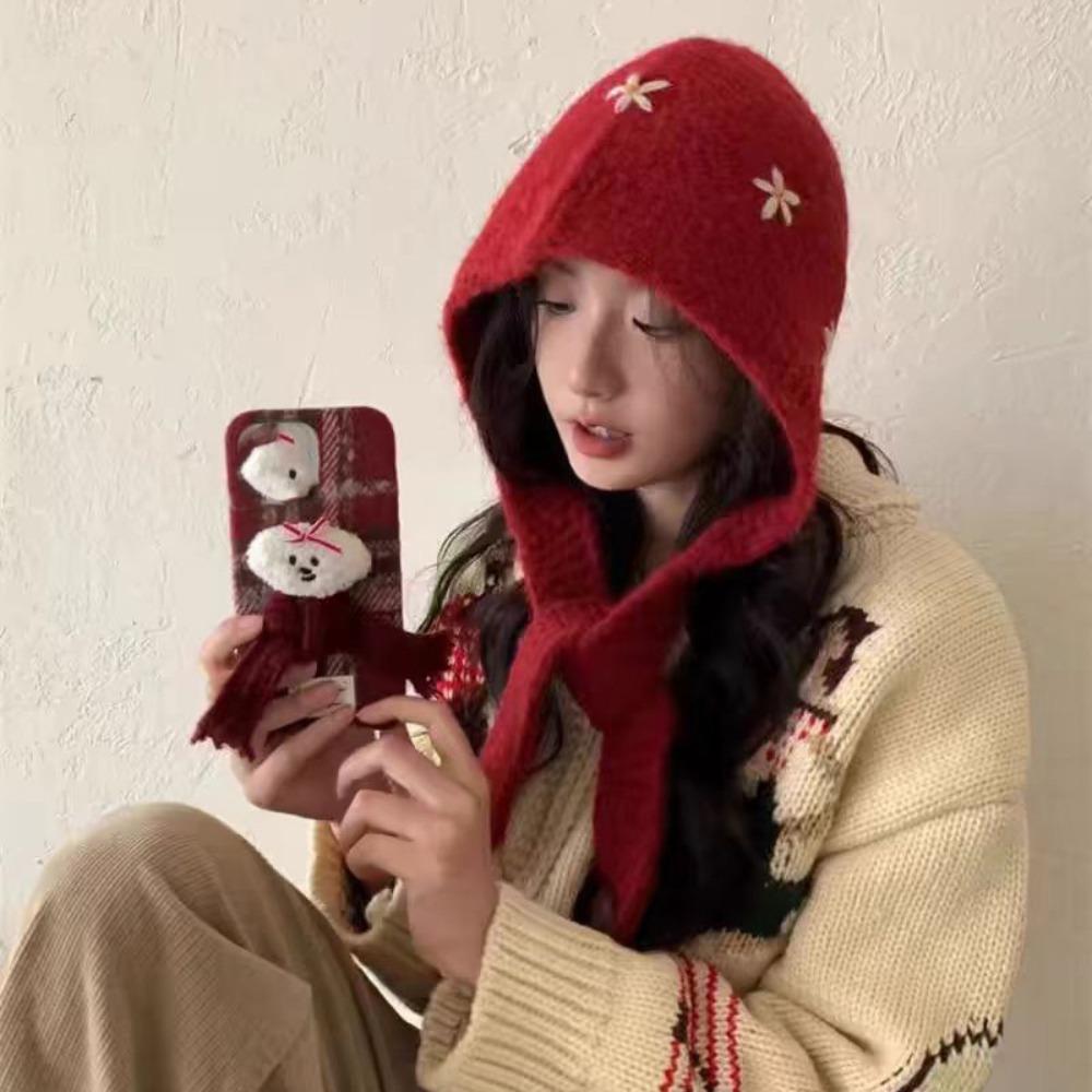 

Pullover Hat Flower Balaclava Hat Cute Winter Cap Fashion Ear Protection Hat Streetwear вино красного