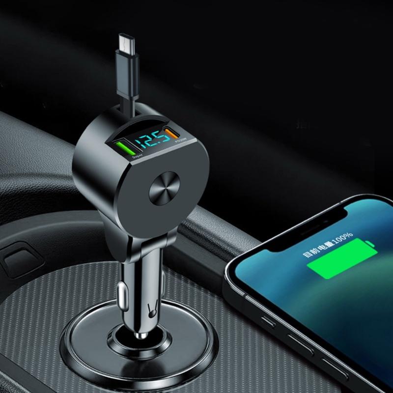 Portable Car Charger with Extendable Cord Support PD30W Quick Charging 12V-24V Wide Voltages Compatibility for Phones