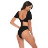 Women bubble sleeve bikini one neck swimsuit solid color sexy backless high elastic high waist tied bikini swimsuit