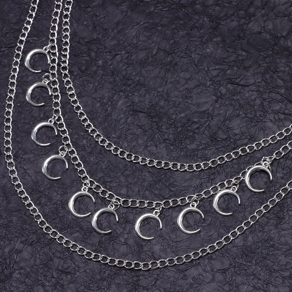 Trendy Cool Double-Layer Metal Waist Chain with Moon Pendant for Jeans - Hip Hop Street Style for Men & Women