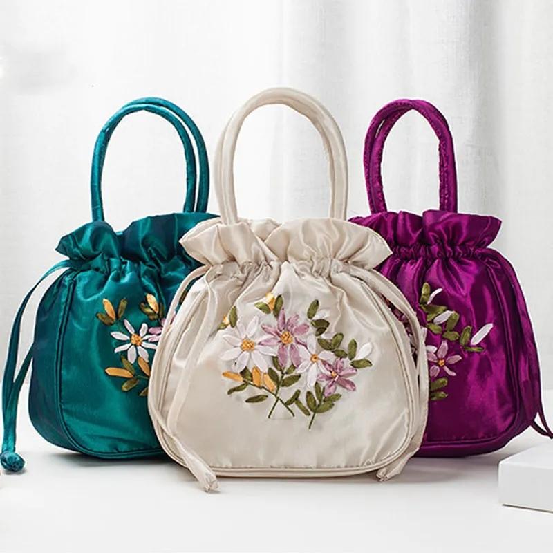 Retro, Stickerei, Kordelzüge, Handtaschen, Aufbewahrungsbeutel, Damen, Geldbörse, Brieftaschen, Kartenhalter, Eimer, Umhängetasche, Handgelenktaschen